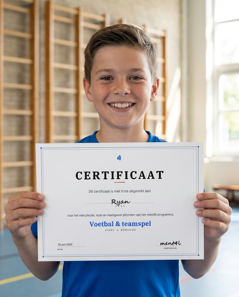 Een trotse leerling laat het certificaat zien